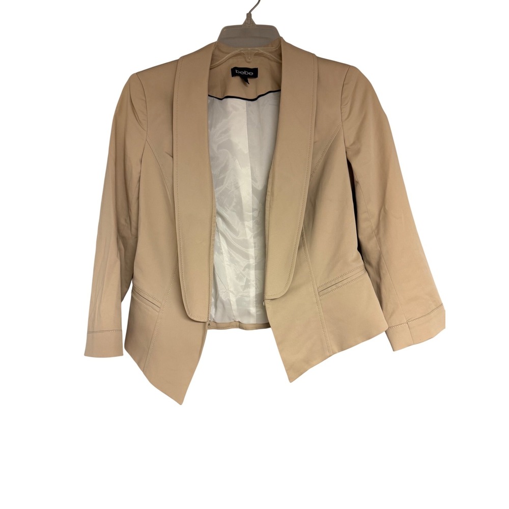Bebe Tan Open Front Shawl Collar Blazer Jacket Size 4 107G9101-J600 Cotton Blend